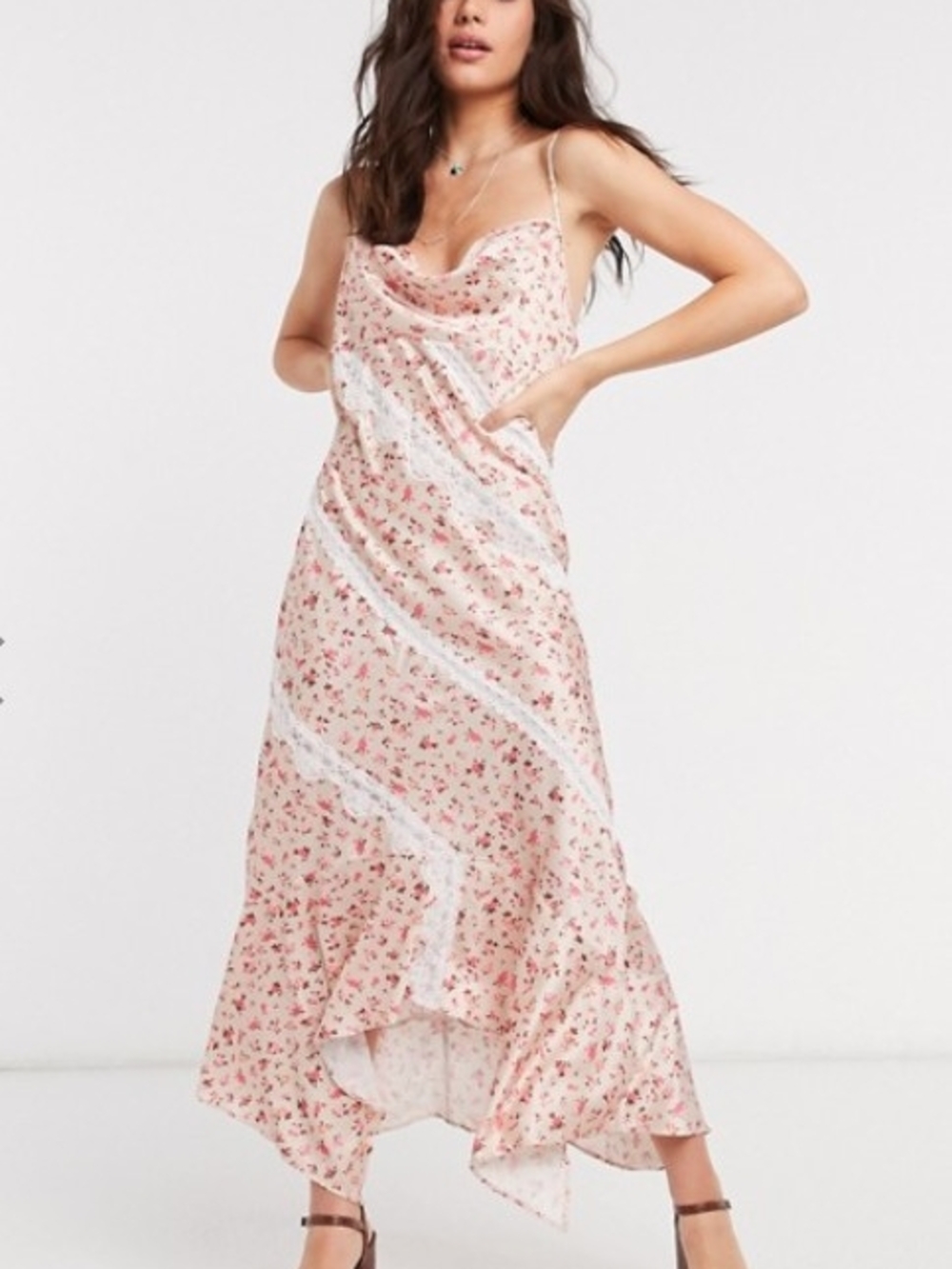 Pink Floral Satin Dress With Lace Insets